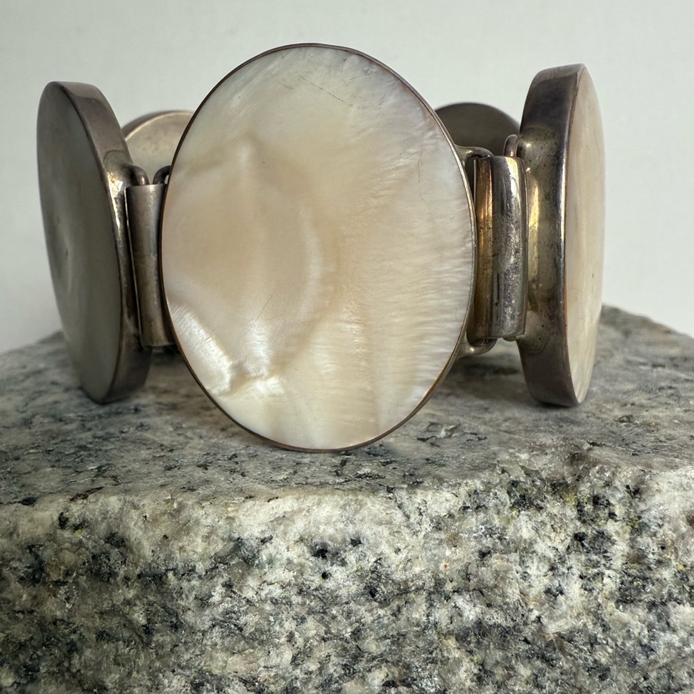Vintage Mother of Pearl and Sterling Panel Statement Bracelet